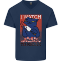 Cat I Watch Murder Documentaries to Relax Mens V-Neck Cotton T-Shirt Navy Blue