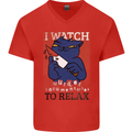 Cat I Watch Murder Documentaries to Relax Mens V-Neck Cotton T-Shirt Red