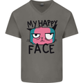 Cat My Happy Face Funny Grumpy Mens V-Neck Cotton T-Shirt Charcoal