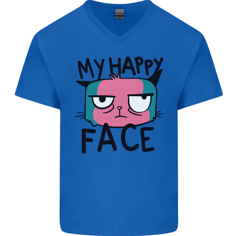 Cat My Happy Face Funny Grumpy Mens V-Neck Cotton T-Shirt Royal Blue