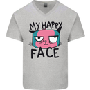 Cat My Happy Face Funny Grumpy Mens V-Neck Cotton T-Shirt Sports Grey