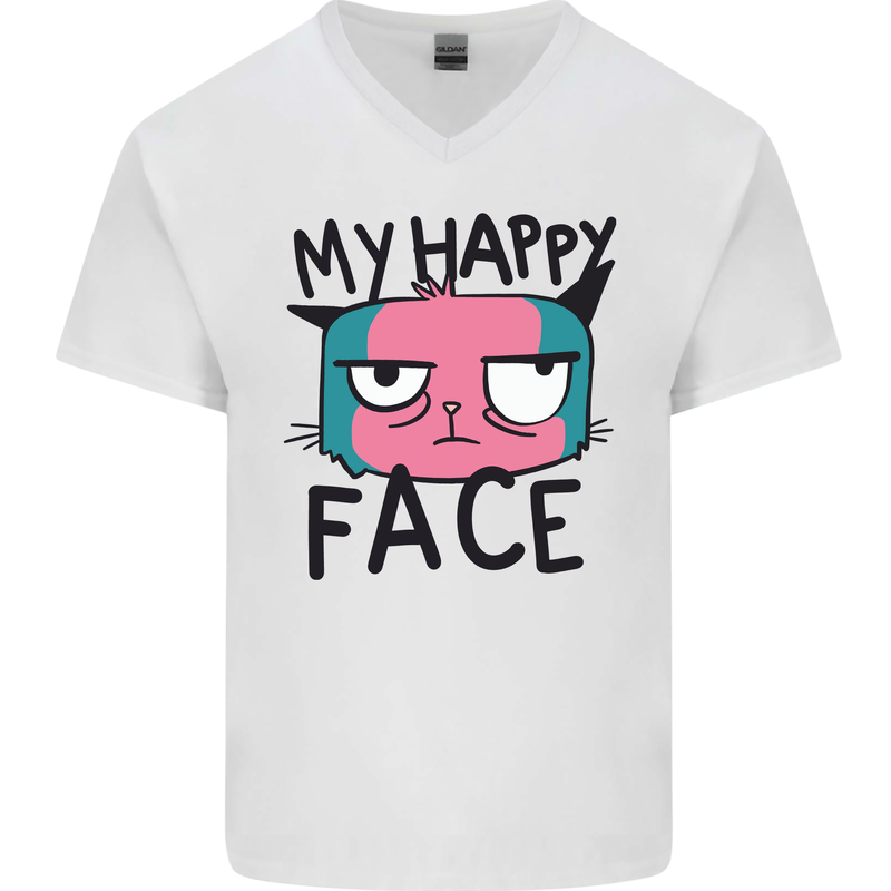 Cat My Happy Face Funny Grumpy Mens V-Neck Cotton T-Shirt White