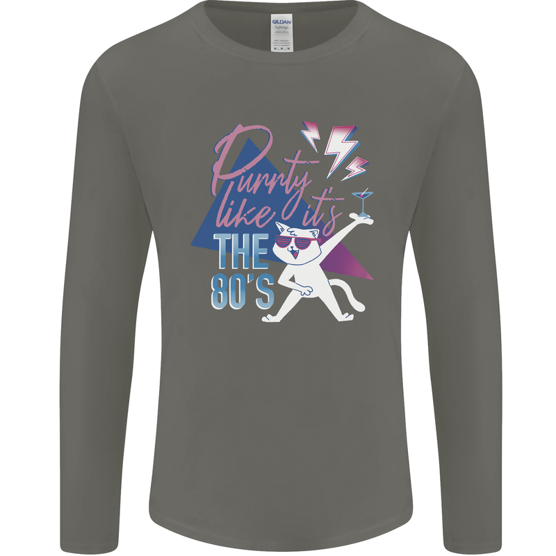 Cat Purrty Like It's the 80's Mens Long Sleeve T-Shirt Charcoal