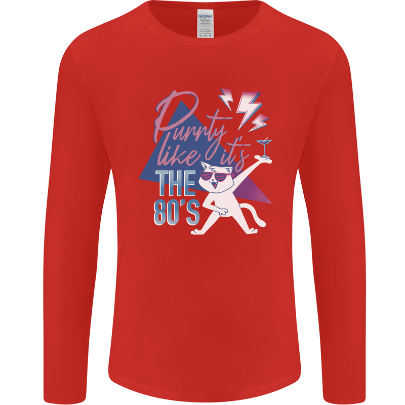 Cat Purrty Like It's the 80's Mens Long Sleeve T-Shirt Red