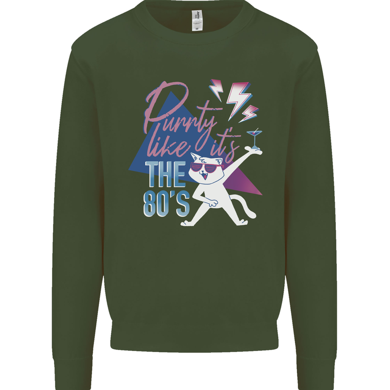 Cat Purrty Like It's the 80's Mens Sweatshirt Jumper Forest Green