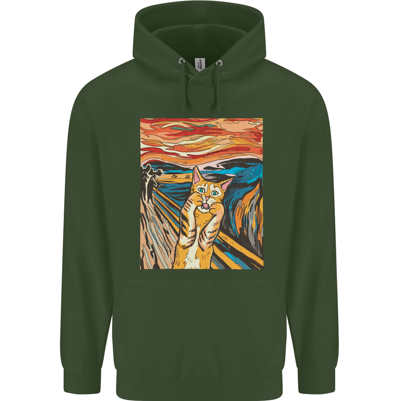 Cat Scream Painting Parody Mens 80% Cotton Hoodie Forest Green