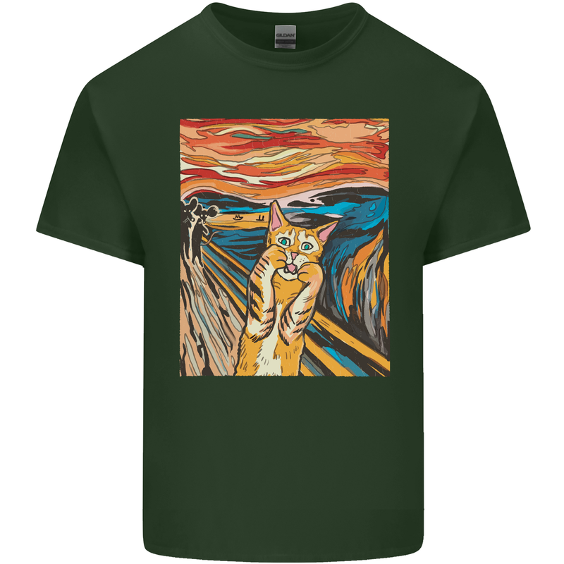 Cat Scream Painting Parody Mens Cotton T-Shirt Tee Top Forest Green