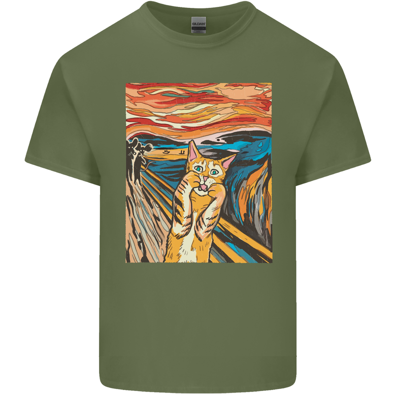 Cat Scream Painting Parody Mens Cotton T-Shirt Tee Top Military Green
