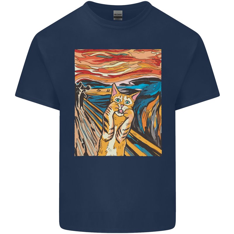 Cat Scream Painting Parody Mens Cotton T-Shirt Tee Top Navy Blue