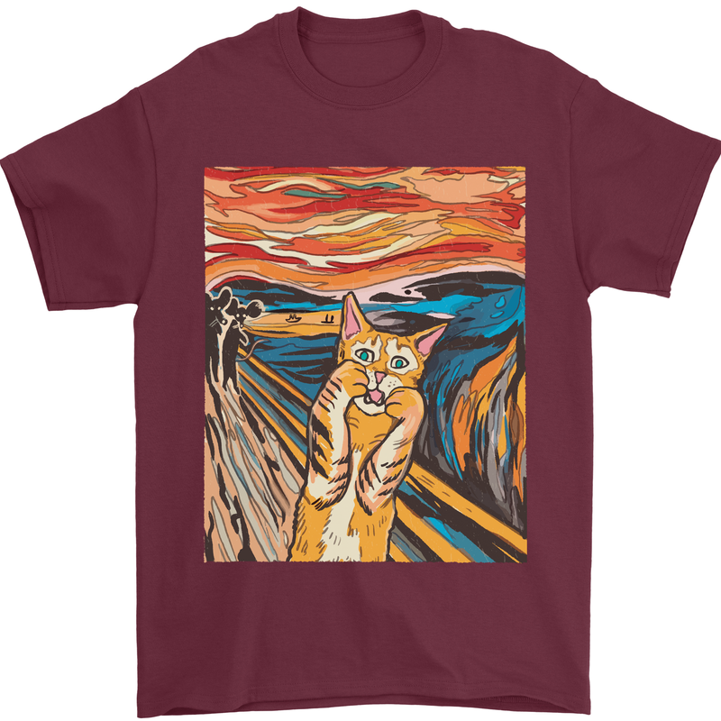 Cat Scream Painting Parody Mens T-Shirt Cotton Gildan Maroon