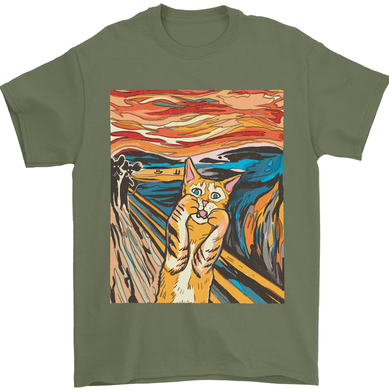Cat Scream Painting Parody Mens T-Shirt Cotton Gildan Military Green