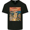 Cat Scream Painting Parody Mens V-Neck Cotton T-Shirt Black