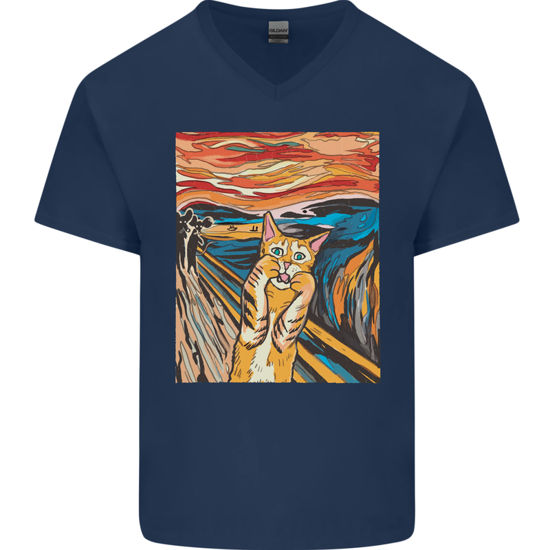 Cat Scream Painting Parody Mens V-Neck Cotton T-Shirt Navy Blue