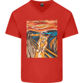 Cat Scream Painting Parody Mens V-Neck Cotton T-Shirt Red