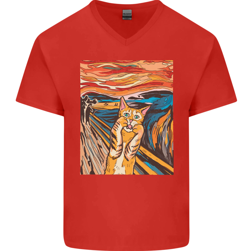 Cat Scream Painting Parody Mens V-Neck Cotton T-Shirt Red