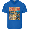 Cat Scream Painting Parody Mens V-Neck Cotton T-Shirt Royal Blue