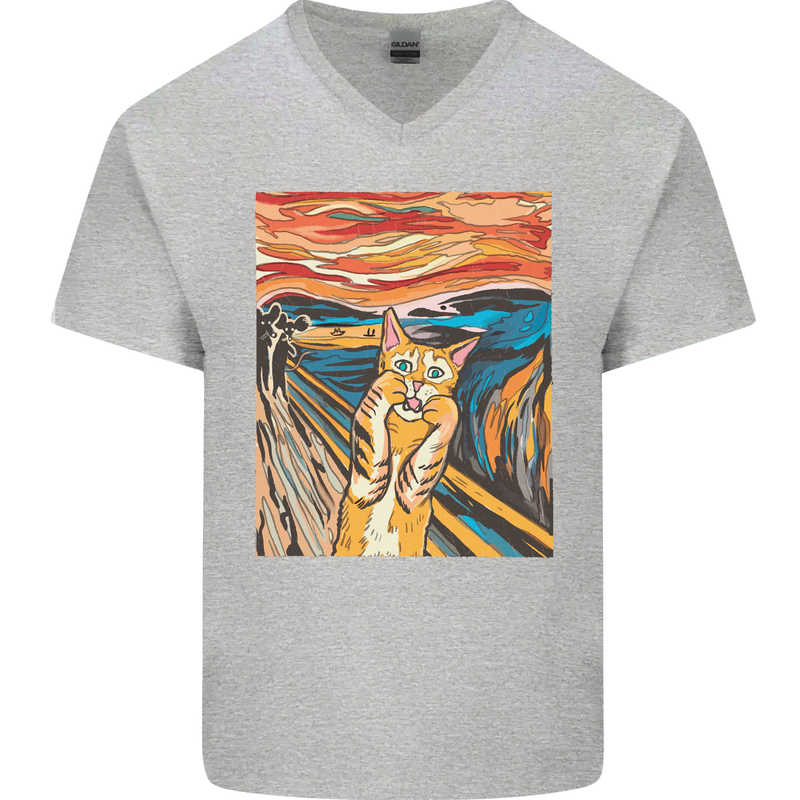 Cat Scream Painting Parody Mens V-Neck Cotton T-Shirt Sports Grey