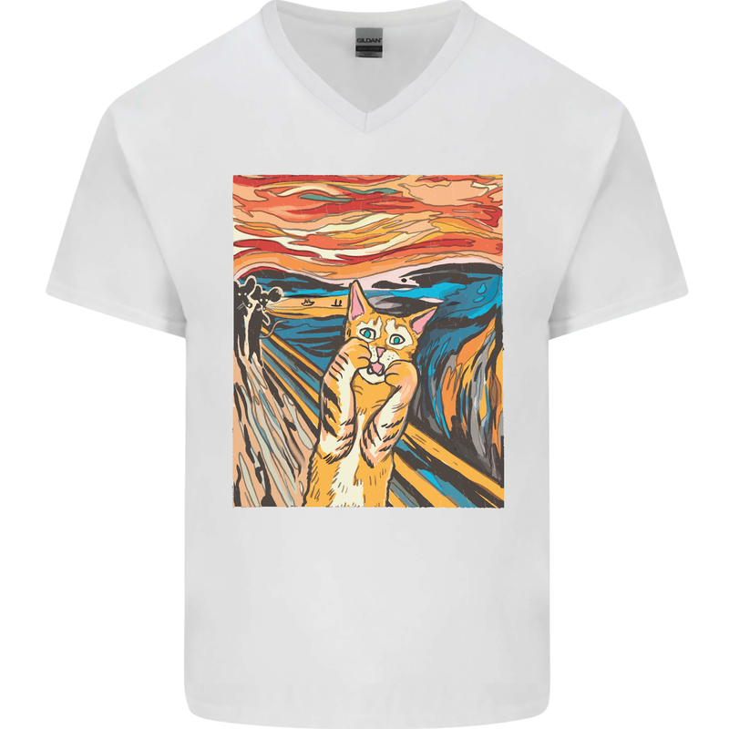 Cat Scream Painting Parody Mens V-Neck Cotton T-Shirt White