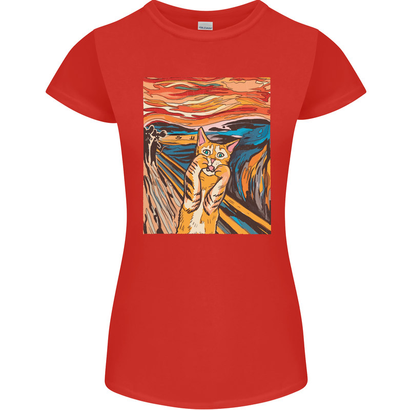 Cat Scream Painting Parody Womens Petite Cut T-Shirt Red