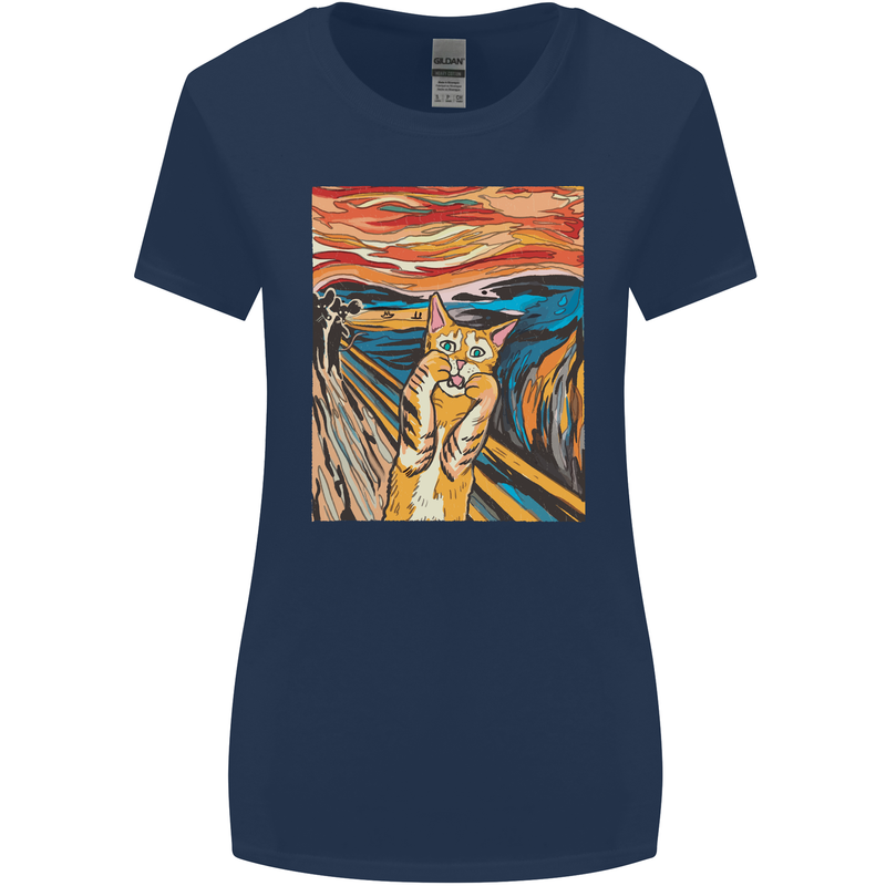 Cat Scream Painting Parody Womens Wider Cut T-Shirt Navy Blue