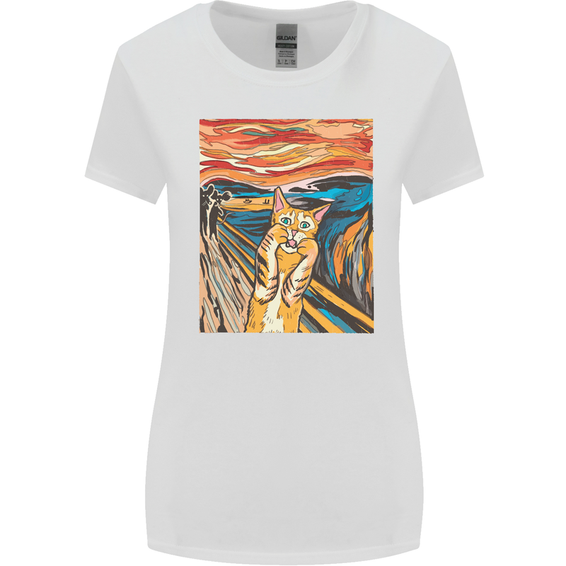 Cat Scream Painting Parody Womens Wider Cut T-Shirt White