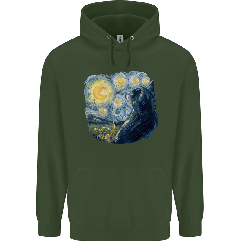 Cat Vangogh Funny Feline Painting Childrens Kids Hoodie Forest Green