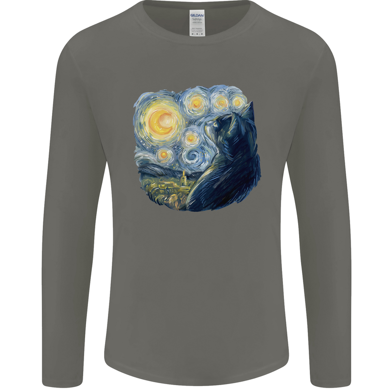 Cat Vangogh Funny Feline Painting Mens Long Sleeve T-Shirt Charcoal