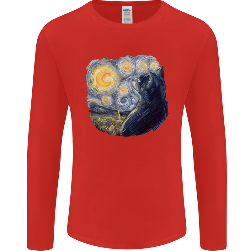 Cat Vangogh Funny Feline Painting Mens Long Sleeve T-Shirt Red