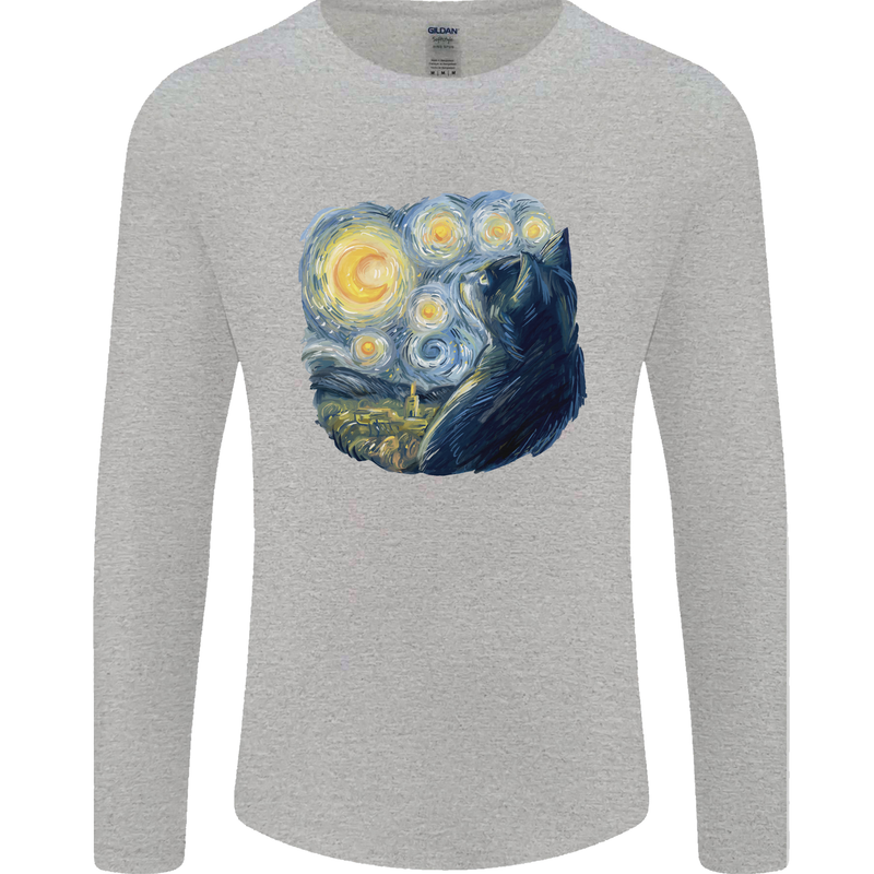 Cat Vangogh Funny Feline Painting Mens Long Sleeve T-Shirt Sports Grey