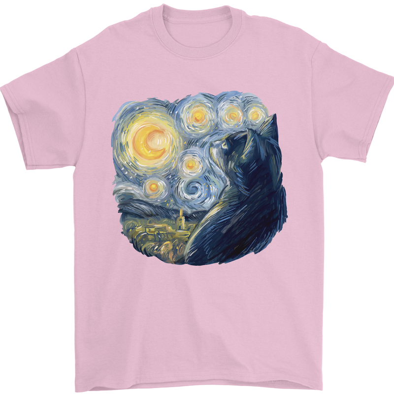 Cat Vangogh Funny Feline Painting Mens T-Shirt Cotton Gildan Light Pink