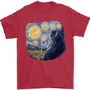 Cat Vangogh Funny Feline Painting Mens T-Shirt Cotton Gildan Red