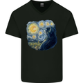 Cat Vangogh Funny Feline Painting Mens V-Neck Cotton T-Shirt Black