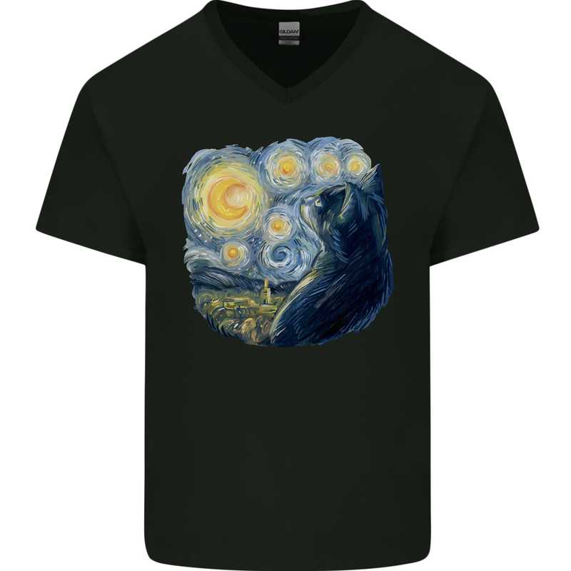 Cat Vangogh Funny Feline Painting Mens V-Neck Cotton T-Shirt Black