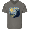 Cat Vangogh Funny Feline Painting Mens V-Neck Cotton T-Shirt Charcoal