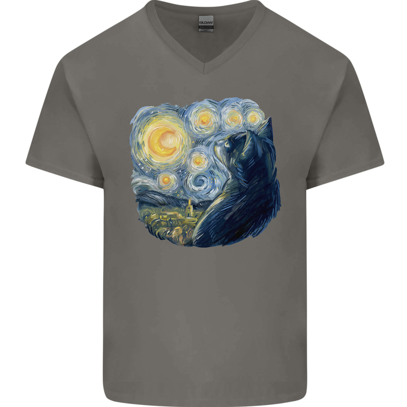 Cat Vangogh Funny Feline Painting Mens V-Neck Cotton T-Shirt Charcoal