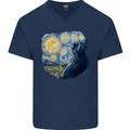 Cat Vangogh Funny Feline Painting Mens V-Neck Cotton T-Shirt Navy Blue