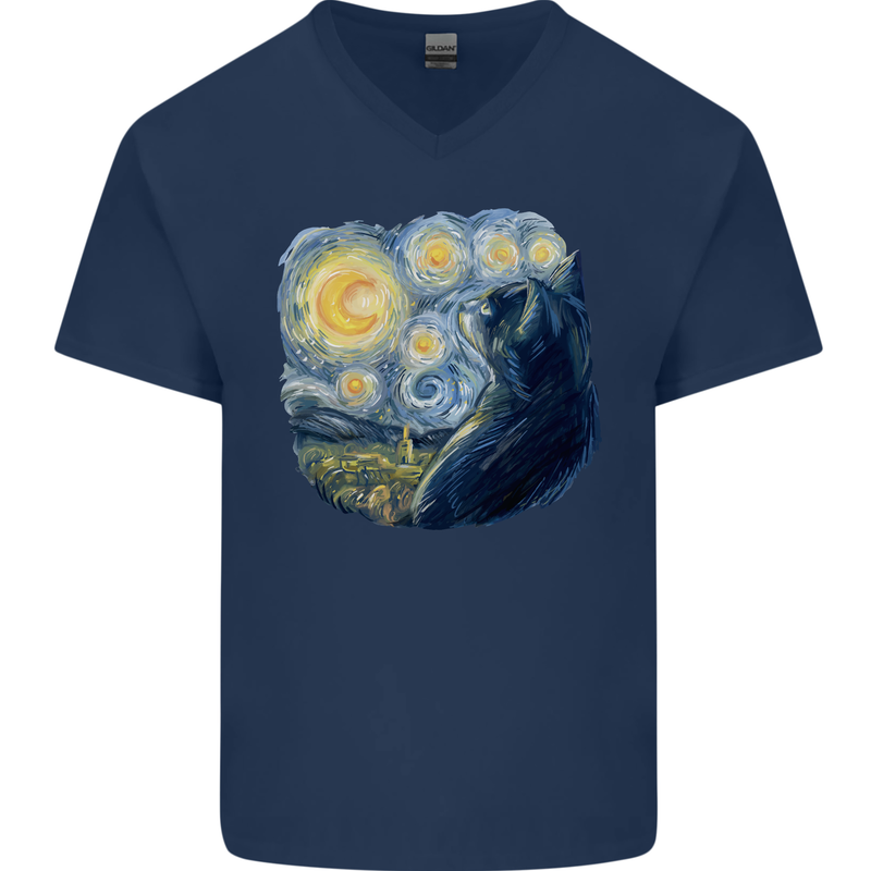 Cat Vangogh Funny Feline Painting Mens V-Neck Cotton T-Shirt Navy Blue