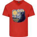 Cat Vangogh Funny Feline Painting Mens V-Neck Cotton T-Shirt Red