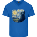 Cat Vangogh Funny Feline Painting Mens V-Neck Cotton T-Shirt Royal Blue