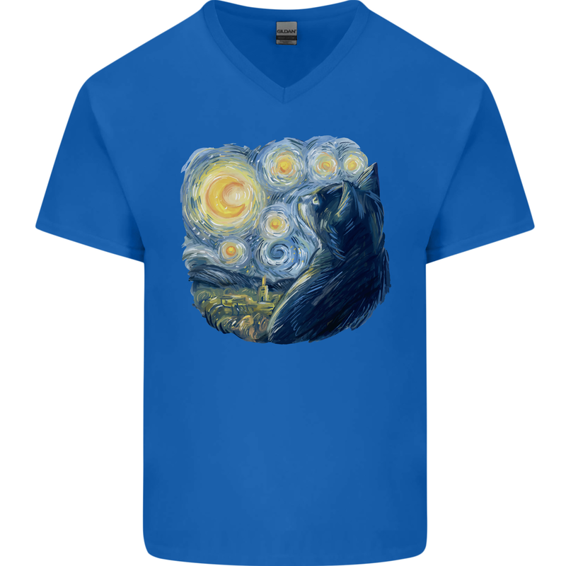 Cat Vangogh Funny Feline Painting Mens V-Neck Cotton T-Shirt Royal Blue