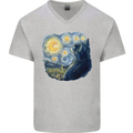 Cat Vangogh Funny Feline Painting Mens V-Neck Cotton T-Shirt Sports Grey
