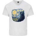 Cat Vangogh Funny Feline Painting Mens V-Neck Cotton T-Shirt White