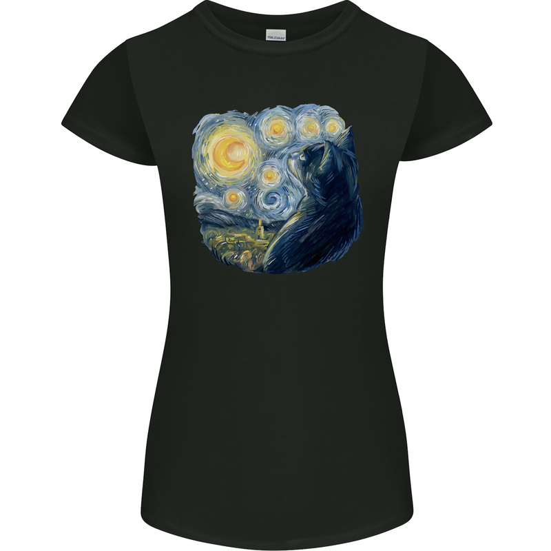 Cat Vangogh Funny Feline Painting Womens Petite Cut T-Shirt Black