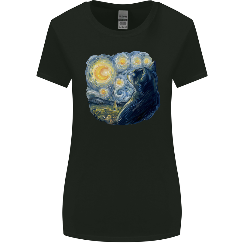 Cat Vangogh Funny Feline Painting Womens Wider Cut T-Shirt Black