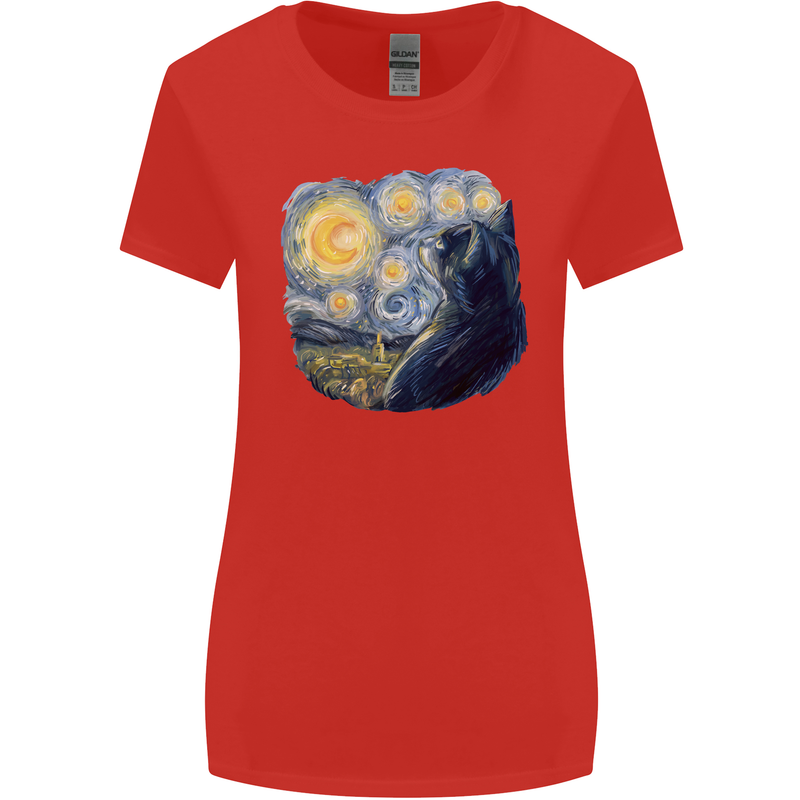 Cat Vangogh Funny Feline Painting Womens Wider Cut T-Shirt Red