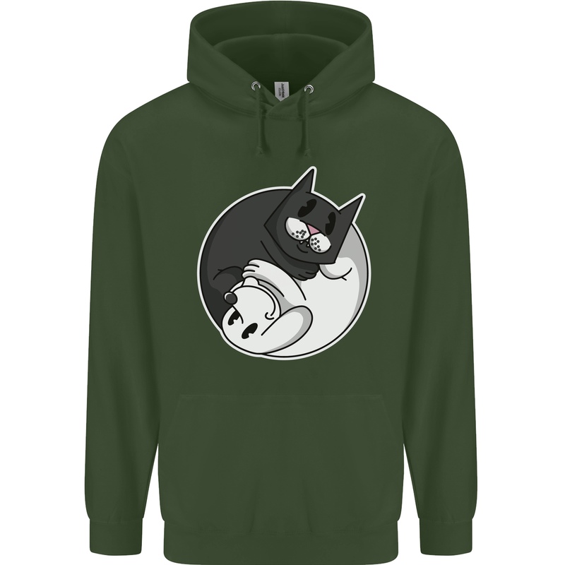 Cat and Dog Yin Yang Mens 80% Cotton Hoodie Forest Green