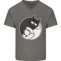 Cat and Dog Yin Yang Mens V-Neck Cotton T-Shirt Charcoal