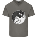 Cat and Dog Yin Yang Mens V-Neck Cotton T-Shirt Charcoal