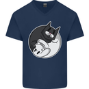 Cat and Dog Yin Yang Mens V-Neck Cotton T-Shirt Navy Blue