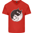 Cat and Dog Yin Yang Mens V-Neck Cotton T-Shirt Red